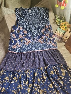 Xhilaration Boho Navy Blue Polk Dot/Floral Midi Dress